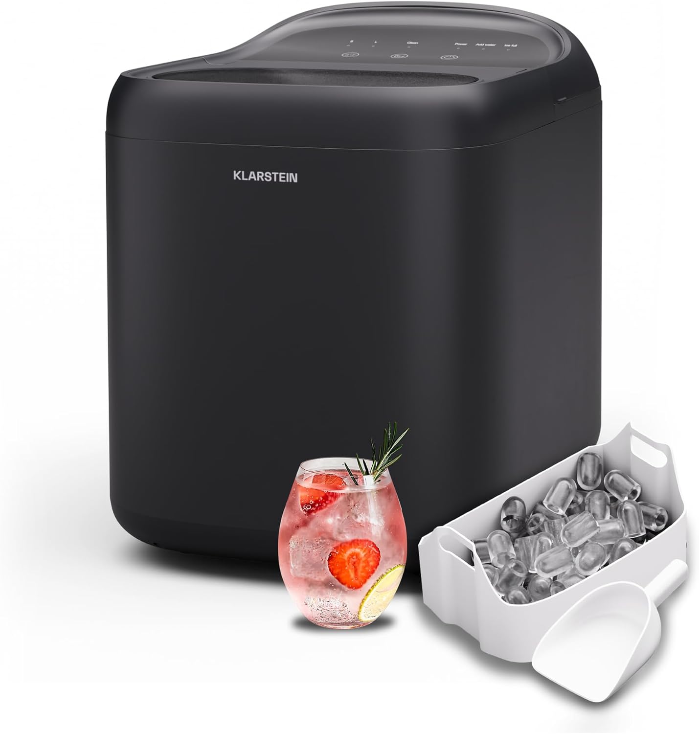 KLARSTEIN SparkIce - Macchina del Ghiaccio, 15 kg/24h, Cubetti in 6 Min, Touchpad, Pulizia Automatica, Cubetti in 2 Dimensioni, Macchina del Ghiaccio da Casa, Ice Maker con Paletta, Nero