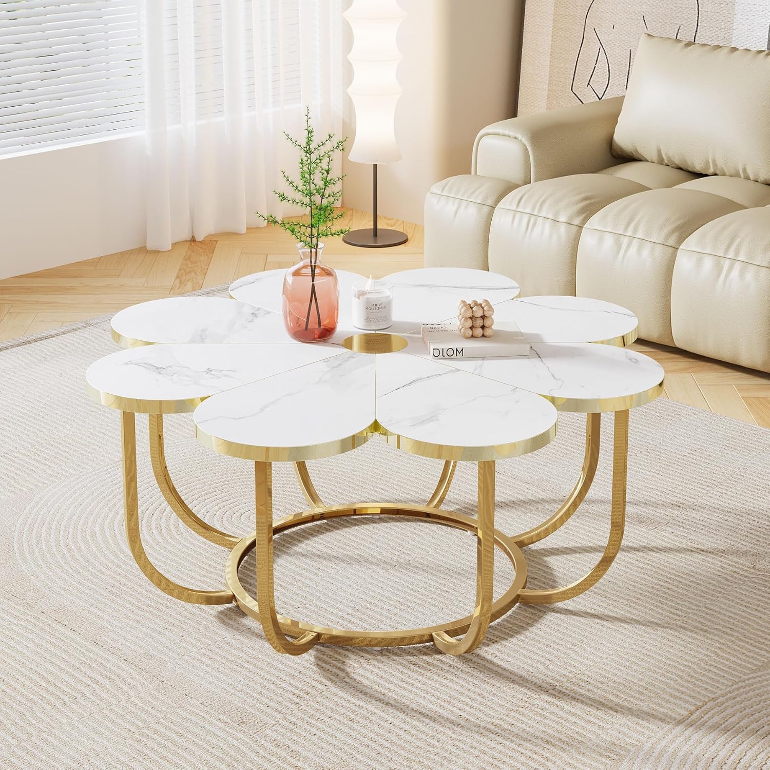 Tribesigns Tavolino da Salotto Bianco e Oro, Tavolino da Caffè, 100 cm Moderno Tavolino a Forma di Fiore con Piano in Finto Marmo, Tavolino Centrale con Accenti con Struttura in Metallo per Soggiorno