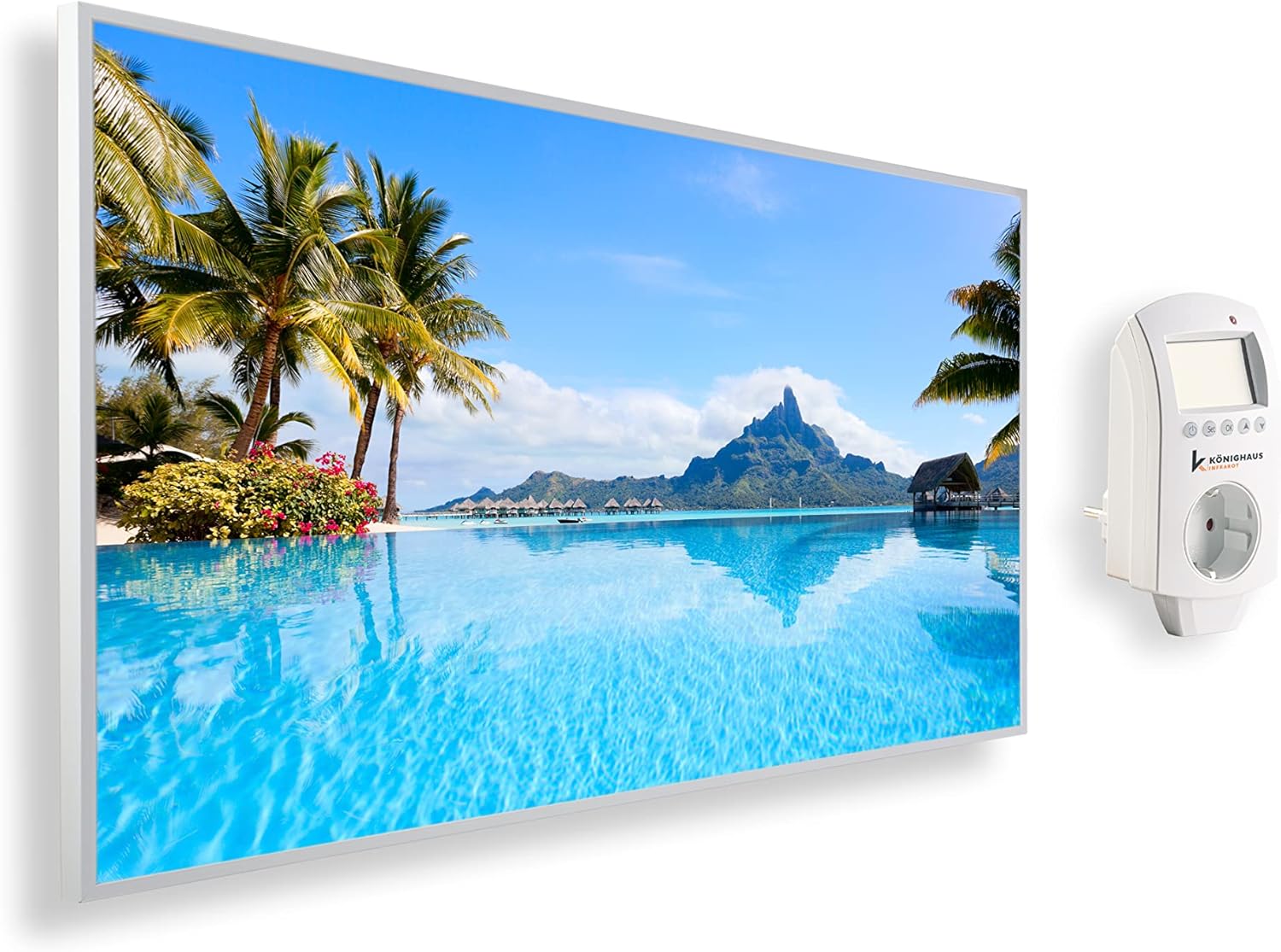 Riscaldatore a infrarossi Könighaus - 1200 Watt + termostato smart e APP Könighaus - una stufetta elettrica a basso consumo - Cornice bianca (01. Isola di Bora Bora)