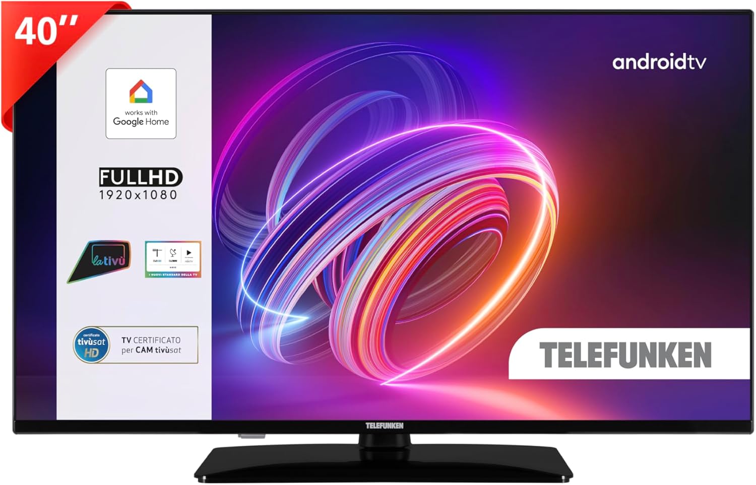 TELEFUNKEN 2025 Smart TV 40 Full HD TE40750B49V4DAZ, TV LED 40 Pollici con Google Assistant Integrato, Compatibile con Google Home, Digitale DVB-T2, Dolby Vision HDR10, Android TV, Dolby Audio
