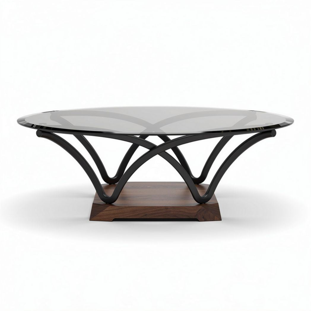 Tavolino da caffè rotondo in vetro e legno per soggiorno – 100 x 100 x 40 cm