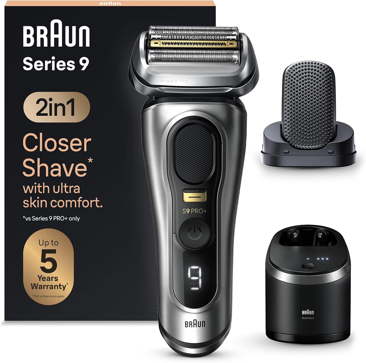 Braun Series 9 PRO +, Rasoio Elettrico Barba, Regolabarba Uomo, Rifinitore di precisione, Custodia Viaggio, Lame Flessibili, SmartCare, Impermeabile, Batteria Litio Ion, Idea Regalo, 9597cc Argento