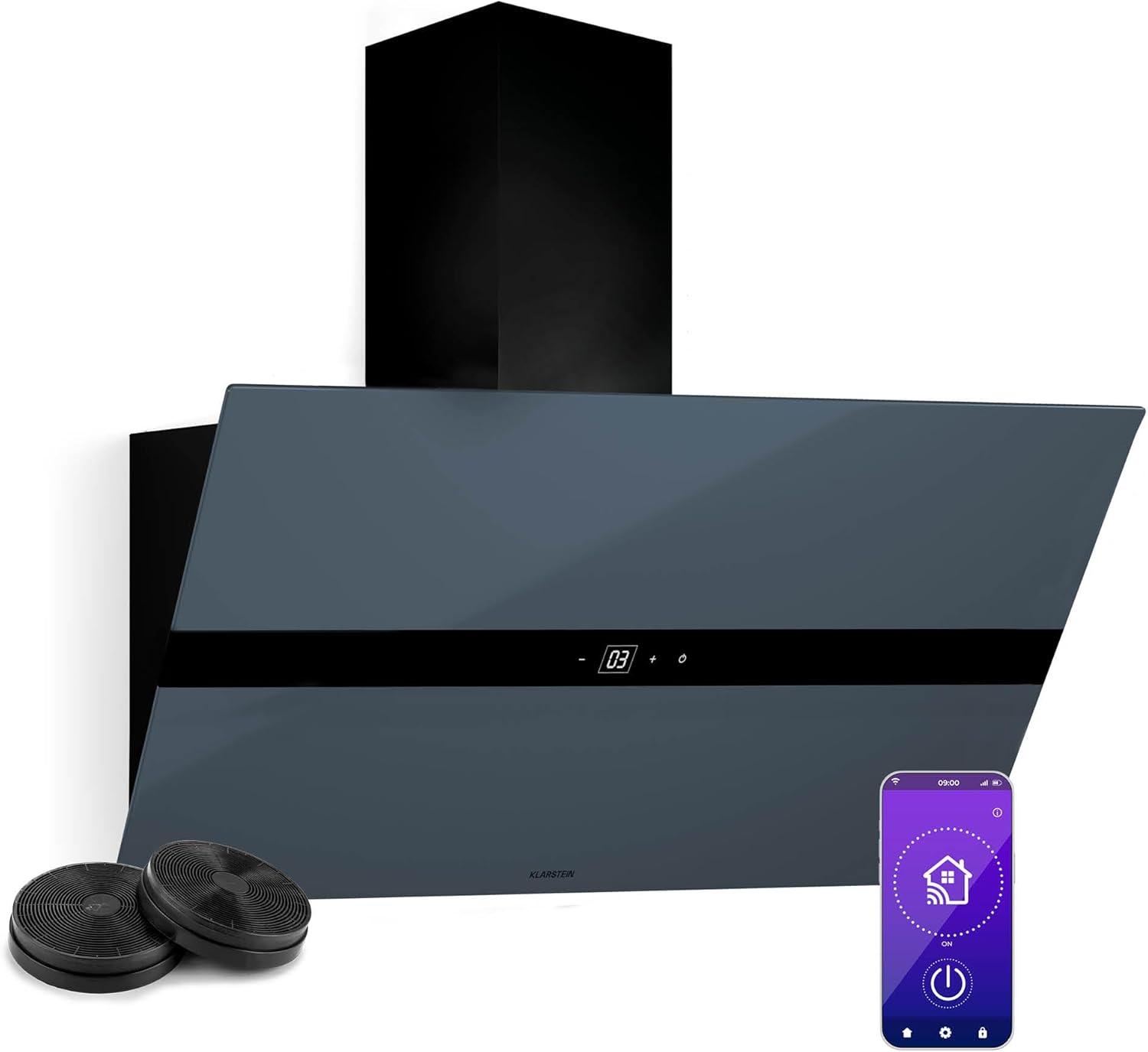 Klarstein WiFusion - Cappa da Cucina, 90cm, Cappa Aspirante, 690 m³/ora, Controllo WiFi  Touch, LED 6000-6500K, Efficienza Energetica A++, Motore: 110W, Grigio-Blu
