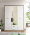 Tonino Elegant Wardrobe with Mirror, Multipurpose and Modern with Hinged Doors in Concrete Grey and White, Dimensions WxHxD approx. 151 x 198 x 55 cm
