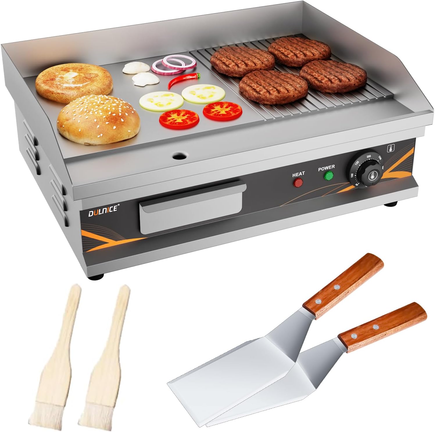 Piastra Elettrica Professionale Ghisa 54cm Commerciale liscia +rigata Grill Elettrico Acciaio Inox per Carne Pesce Bistecche Cotolett