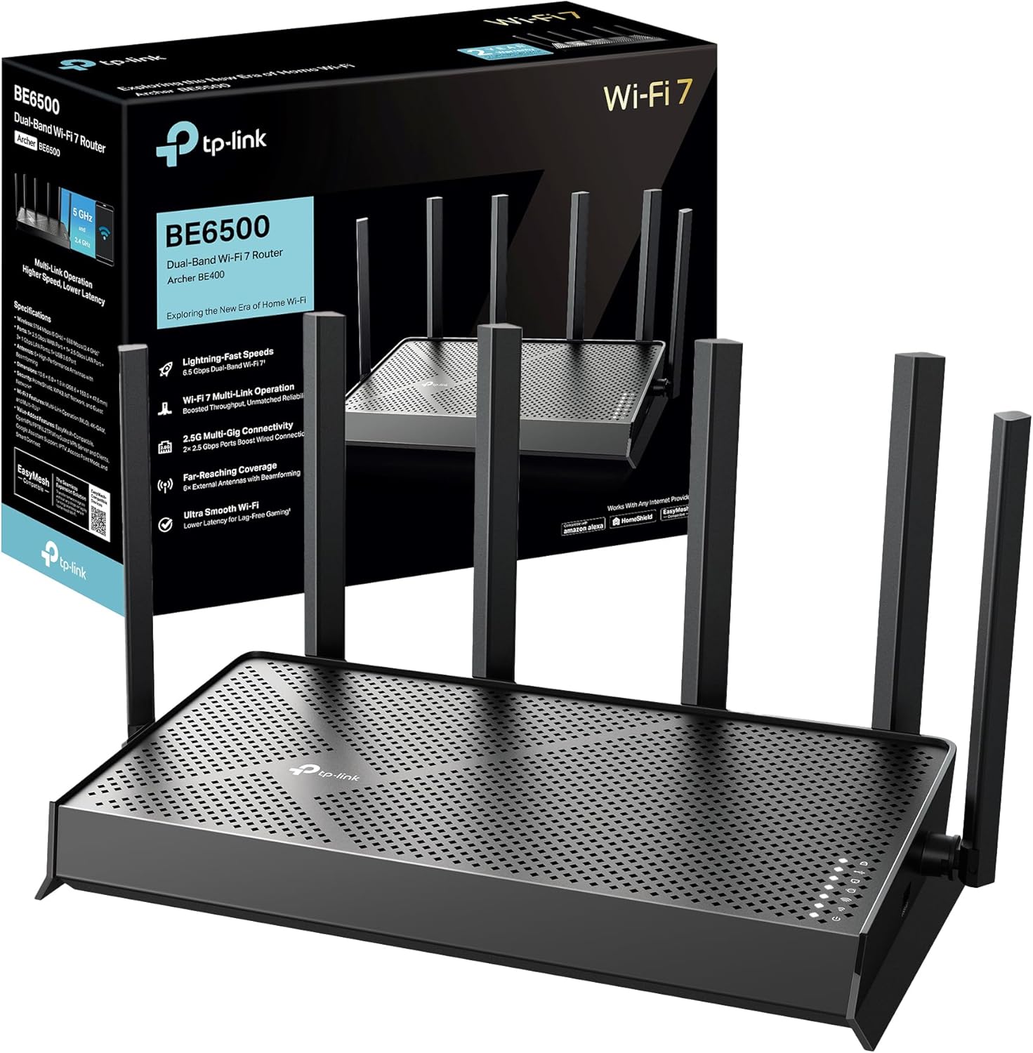 TP-Link Archer BE400 Router Wi-Fi 7 Dual-Band BE6500Mbps, 2.5G WAN, 2.5G LAN, 3 Porte 1G LAN, 4K-QAM, MLO, MU-MIMO, Beamforming, 6 Antenne Esterne, Home Shield, IoT, Compatible con EasyMesh