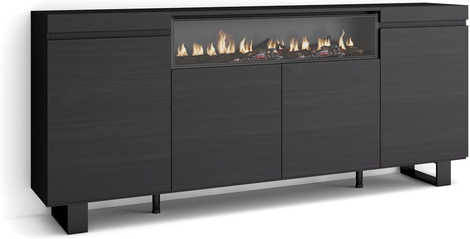 Skraut Home | Credenza, Mobile, Cucina | Madia, mobile ingresso | 200x87x35cm | 4 Porte | Camino elettrico | Design industriale | Stile moderno | Nero