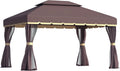 Outsunny Garden Gazebo 3.9 x 2.9 m Aluminium with Double Roof, Mosquito Net and Side Sheets, Coffee Colour