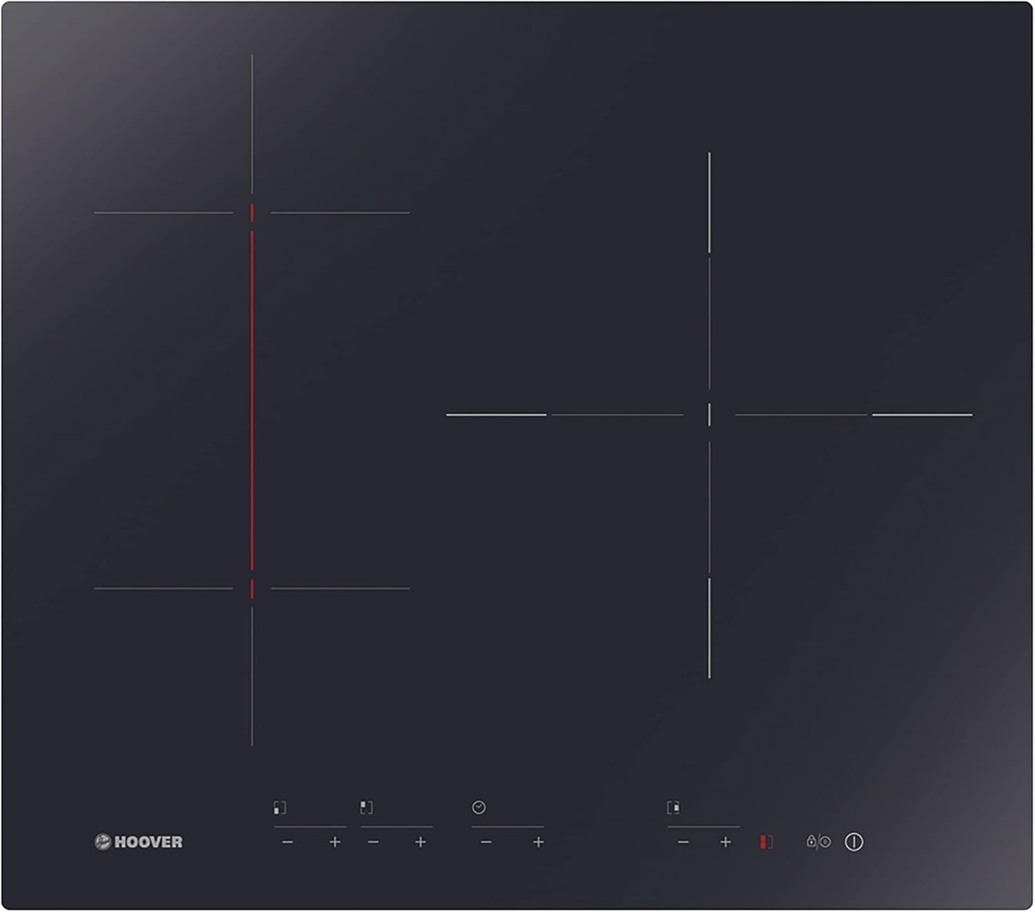 Hoover H-HOB 500 INDUCTION H634DB3TP/G3, piastra a induzione Flex, 3 zone, zona Flex, smussata, larghezza 59 cm, Booster, 7100 W, controllo indipendente, timer, blocco, avvisi, nero e serigrafia rossa