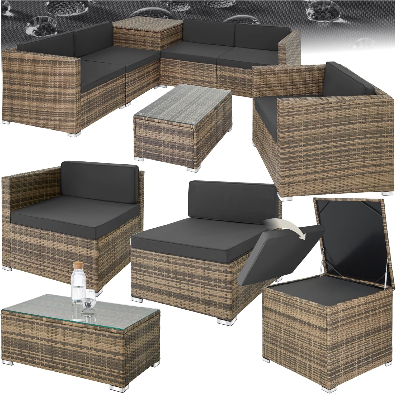 tectake XXL Rattan Living Room, Modular Storage Container, Garden Armchair, Balcony Set, Outdoor Chairs Table, Accurate Design, Versatile, Maximum Comfort, Easy Cleaning, Natural