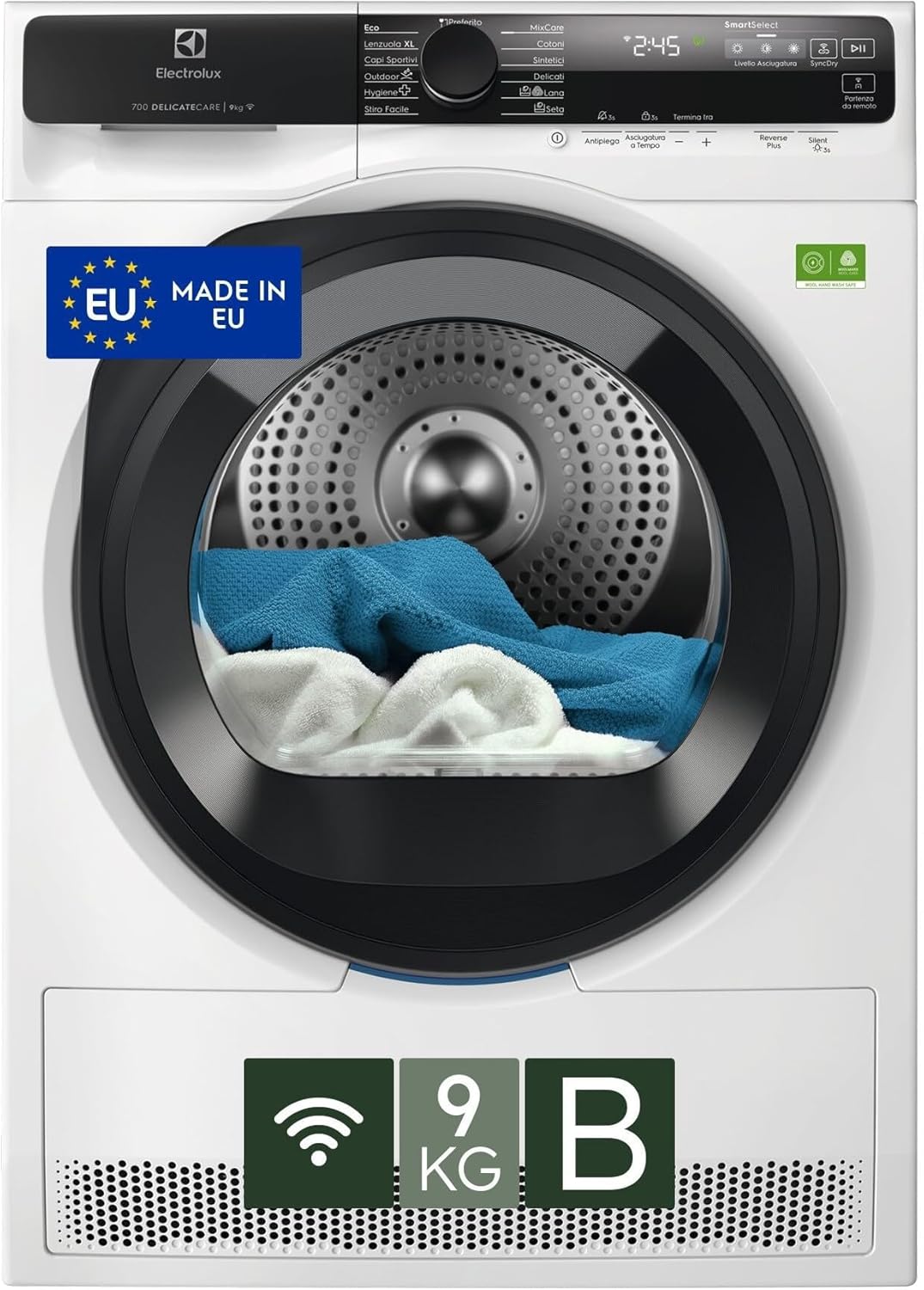 Electrolux Asciugatrice 700 DelicateCare 9 kg EW7H59B, Classe B, Tecnologia DelicateCare per Lana, MixCare per cotoni e sintetici, Sensicare, Antipiega, Pompa di Calore