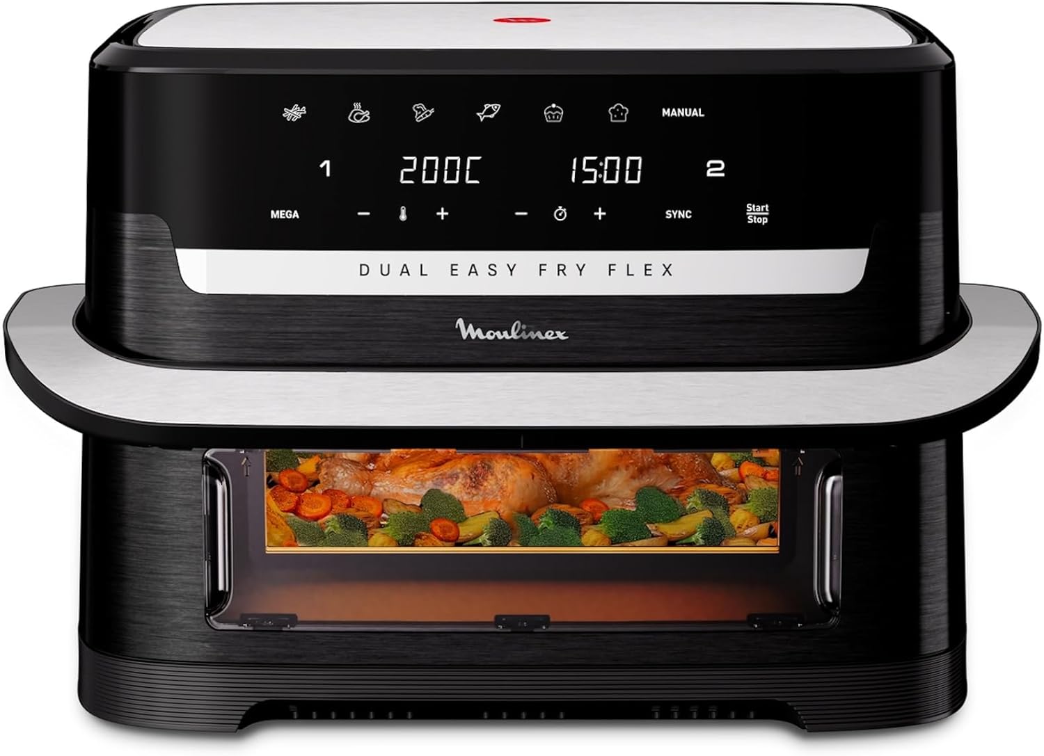 Moulinex Dual Easy Fry Flex Friggitrice ad Aria con Divisore, 2 Scomparti, FlexCook Technology, 2 resistenze superiori, Capacità fino a 9L/2,5kg, 8 Persone, 2700W, 7 Programmi, App My Moulinex, EZ9228(Nero)