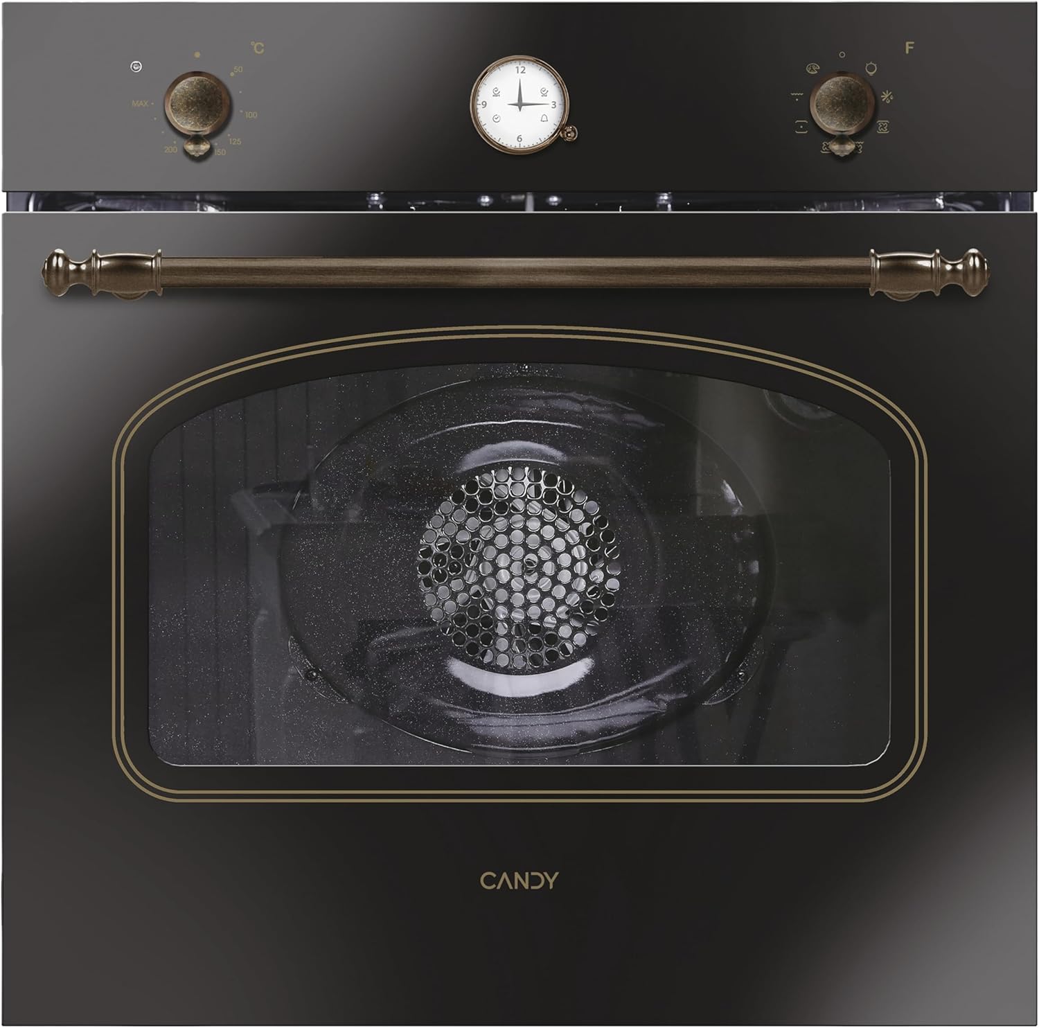 Candy Classic Forno Elettrico da Incasso Ventilato, 65 Litri, Classe A+, Funzione Pizza, 8 Programmi di Cottura, Design Rustico con Orologio Analogico, 59,5 x 59,5 x 56,8 cm, Nero - FCC604GH/E
