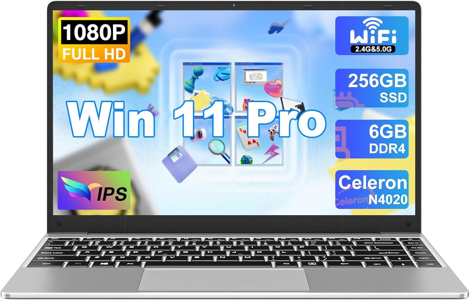 PC Portatile 14 Pollici Win11 Pro Computer Portatile 6GB 256GB Estensioni SSD 1TB(TF 1TB)5000mAh Laptop Celeron N4020 Notebook 5G WiFi 1080FHD BT4.2 Mini HDMI Tastiera Italiana Membrana-argento
