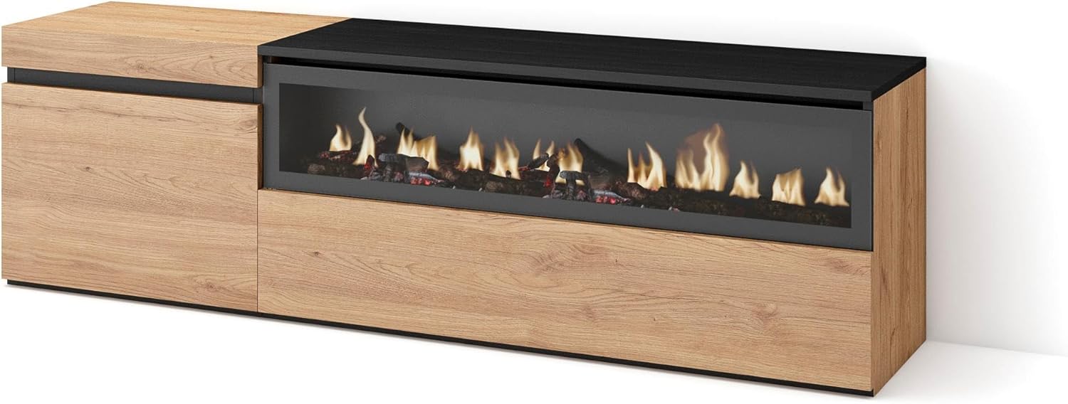 Skraut Home | Mobile TV Soggiorno | Ampio spazio a disposizione | 150x45x35cm | Per TV fino a 65 | Camino elettrico | Stile moderno | Rovere e nero