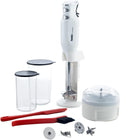 bamix M350 MAXX - Set frullatore a immersione con supporto, 2 bicchieri, 4 attrezzi, processore, spatola, spazzola per la pulizia, 300 Watt, prodotto in Svizzera, colore bianco e cromato