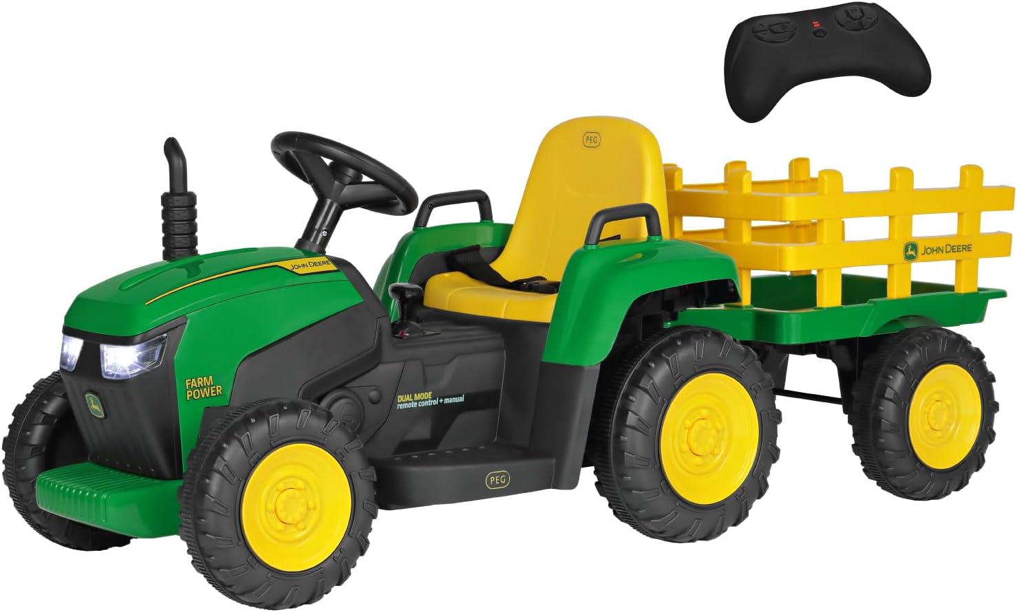 PEG PEREGO JOHN DEERE FARM POWER Il trattore elettrico con rimorchio guidato dai bambini e radiocomandato dai grandi! Da 18 mesi a 3 anni.
