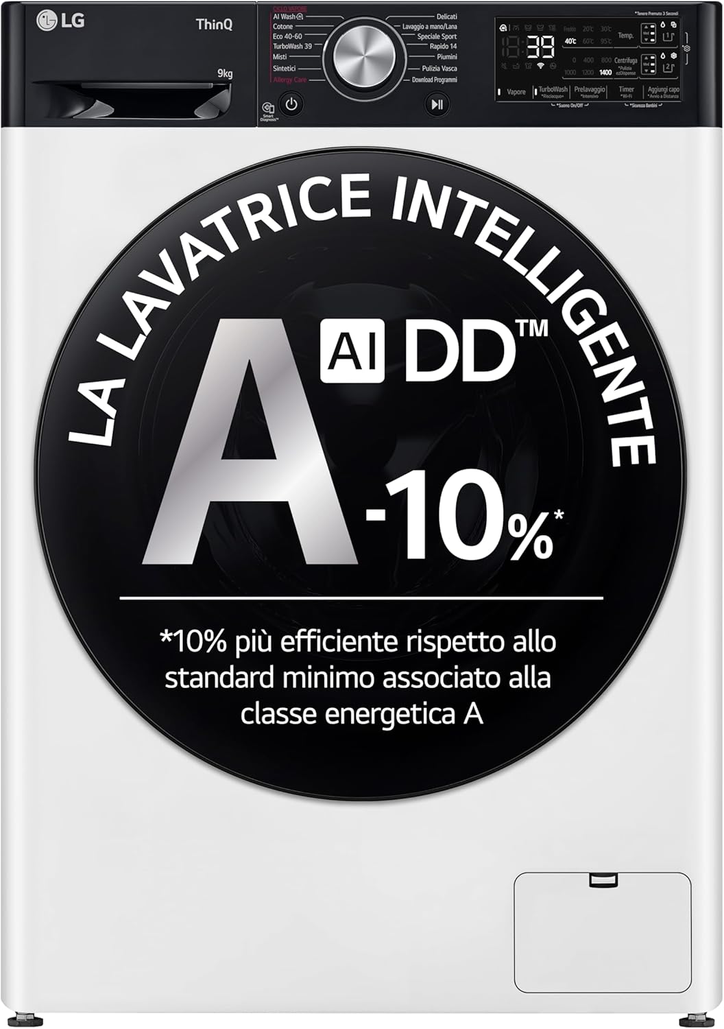 LG AI DD F4R7509TSWB Lavatrice 9kg, a Carica Frontale, Serie R7, Lavatrice Classe A -10%, 1400 giri, TurboWash 360, Autodosaggio, Vapore su 7 Programmi, Wi-Fi, Libera Installazione, Bianco