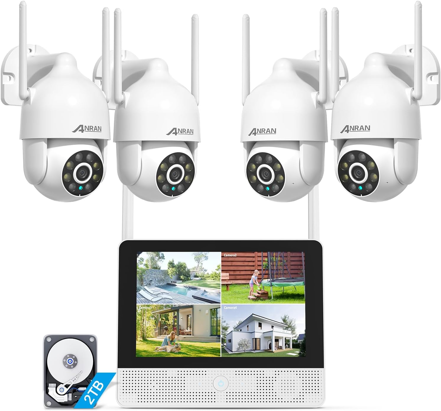 ANRAN 3K Kit Videosorveglianza Wi-Fi 6 con 10,5 Monitor, 8CH NVR + HDD 2TB, 4X5MP PTZ Telecamere WiFi Esterno, Rilevamento AI, Tracciamento Movimento, Notturna a Colori, Registrazione 24/7, IP67