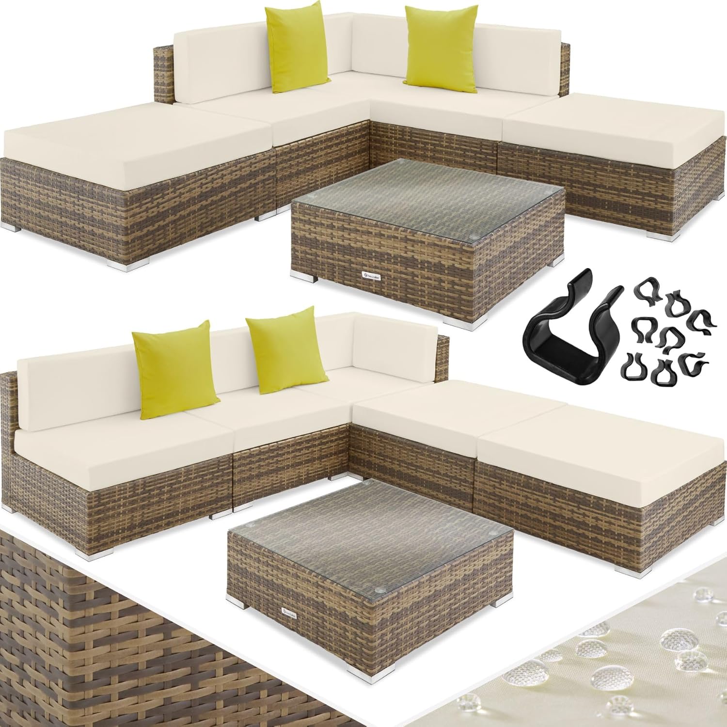 tectake Paris Rattan Set, Outdoor Garden Lounge in Polyrattan, Aluminium Frame, Armchairs, Coffee Table with Glass Plate, 2 Additional Cushions – Natural