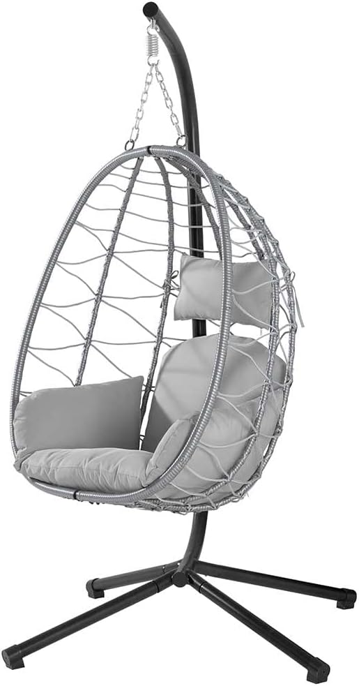 BAKAJI Hanging Garden Armchair Outdoor Hanging Hammock Metal Frame Rattan Nest and Rope + Padded Seat Cushion and Headrest 198 x 110 x 95 cm (Grey)