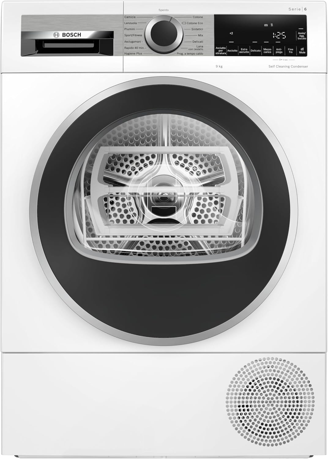Bosch WQG245D0IT Serie 6 Asciugatrice smart a pompa di calore, 9 kg, Classe energetica C, Condensatore autopulente, Cestello per capi in lana, Sensori di asciugatura intelligenti, Bianco, 60 Cm