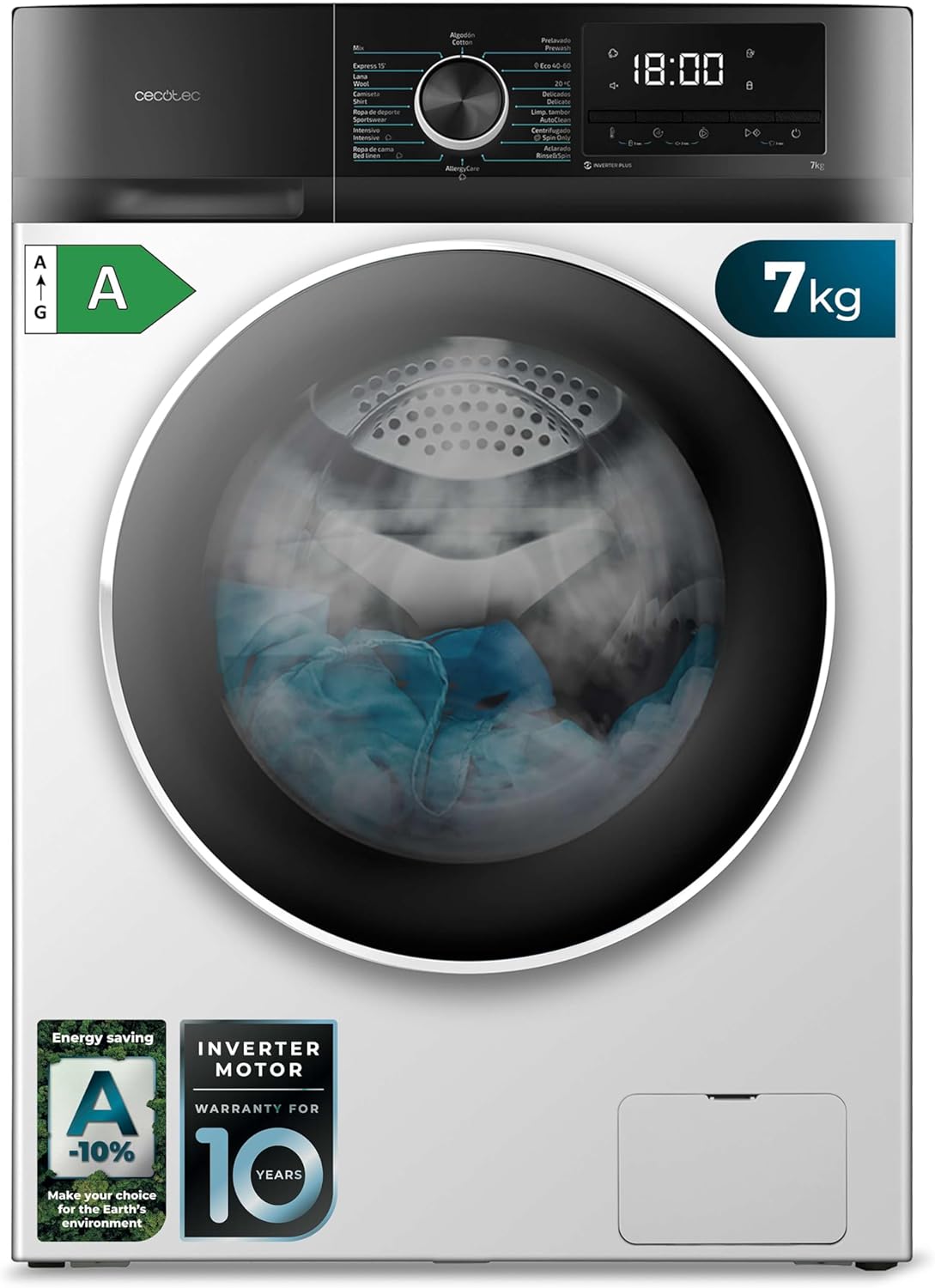 Cecotec Lavatrice Carica Frontale 7 Kg Bolero Dresscode 7410 Inverter A. 1850W, 1200 giri/min Regolabile, 16 Programmi, Motore Inverter Plus, Bassi Consumi, Vapore, Sterilizzazione Indumenti