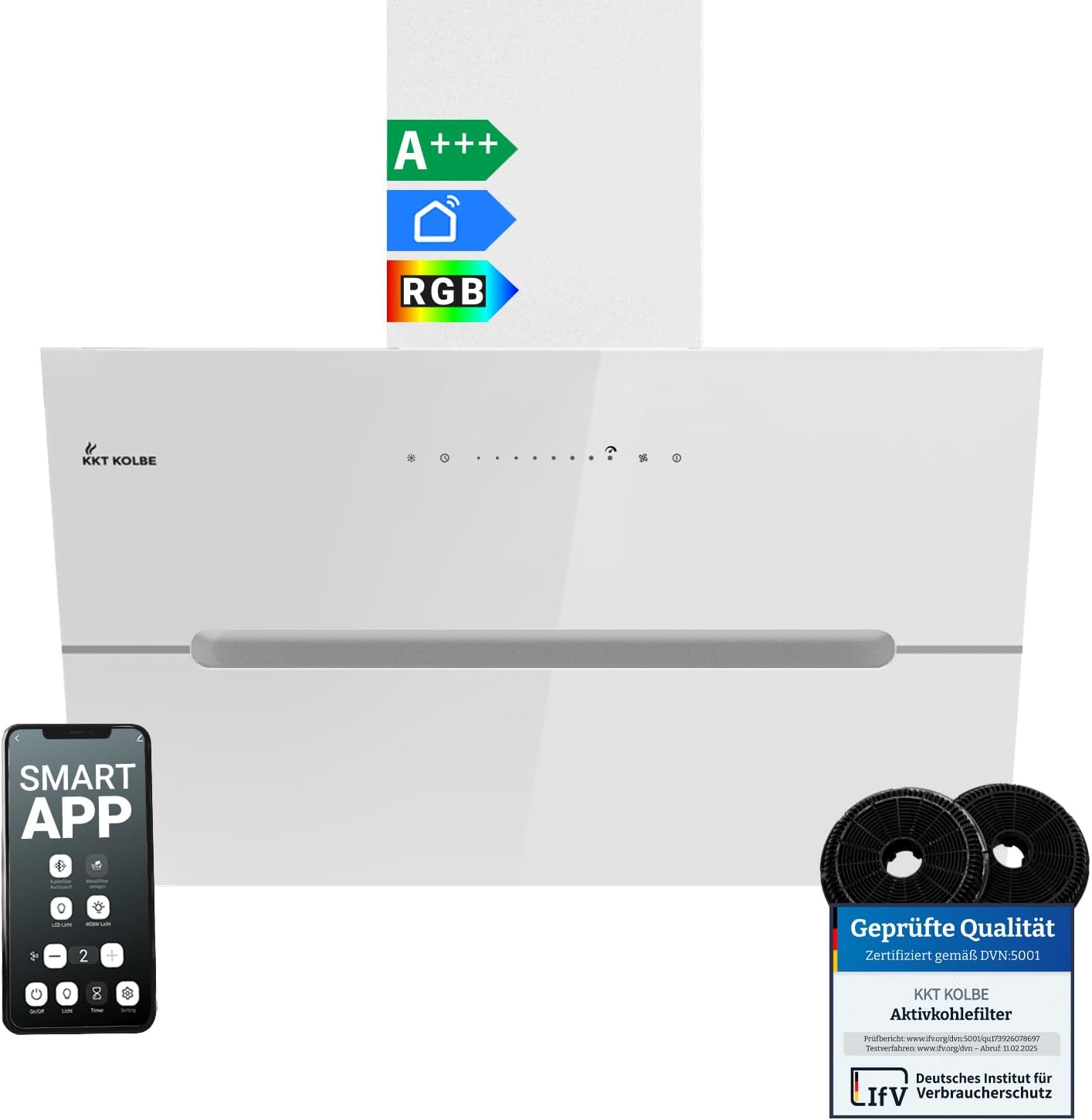 Cappa aspirante 80 cm/Cappa Cucina Inclinata/acciaio inossidabile/vetro bianco/WiFi/auto spegnimento/Illuminazione LED RGBW/Operazione di tocco / ECCO8005WM